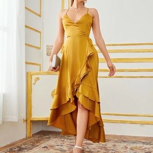 Gold Lace Up Backless Ruffle Hem Satin Cami Dress